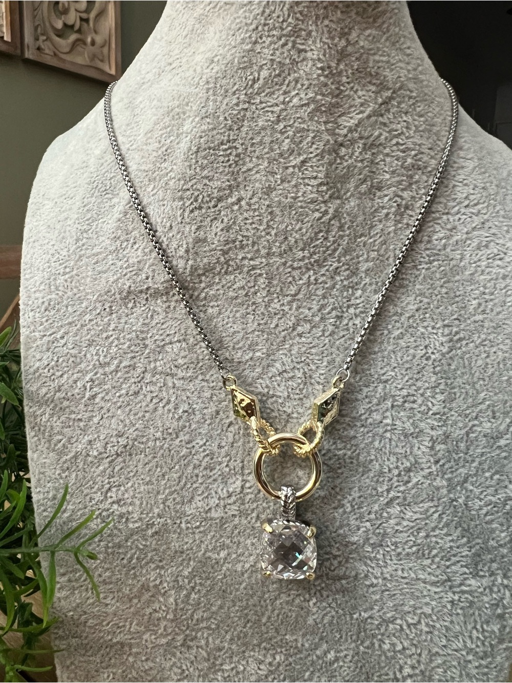 Two-Tone Gold & Silver Pendant Necklace with Clear Gem